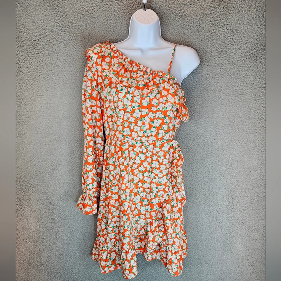 Vera Moda Mini Dress Sz S Pretty Floral One Shoulder Faux Wrap Ruffles *No Belt* - Picture 2 of 13